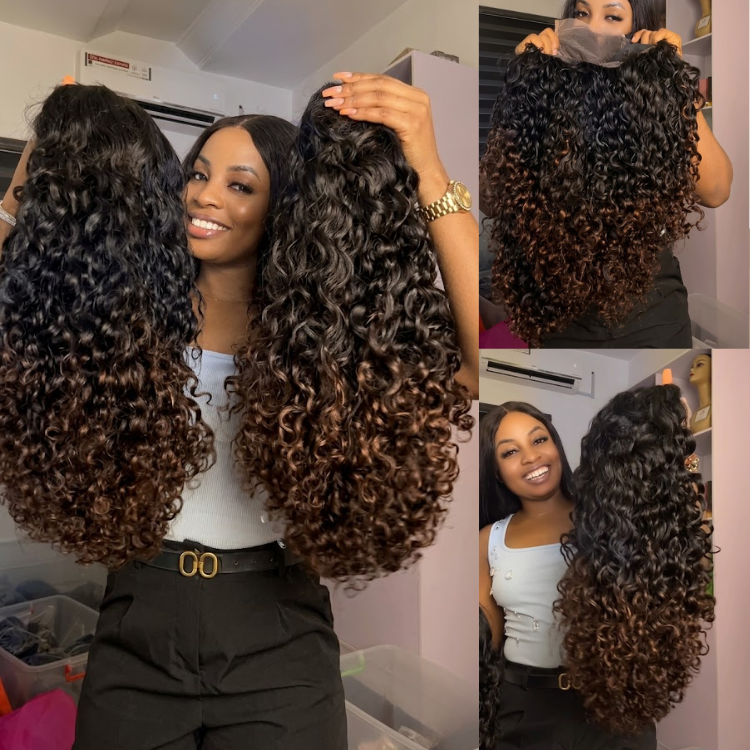 Pre-Plucked Glueless Lace Frontal Wig - Voluminous Ombre Dark Roots to Mocha Brown Ends Kinky Coil Curls Human Hair Wigs for Women- Rafarada