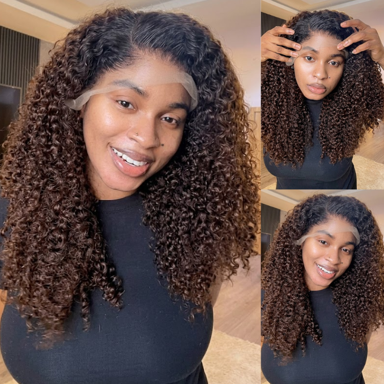 Natural Black to Dark Chocolate Ombre Kinky Curly Lace Front Wig - Full Voluminous Long Jerry Curl Human Hair Wig- Rafarada