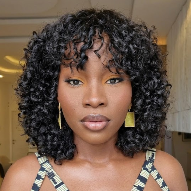 Glueless Kinky Curly Short Wig with Bangs Natural Black Wear & Go No Glue No Lace Cut Wigs- Rafarada