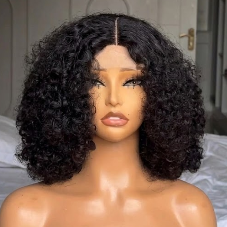 Natural Black Kinky Curly Lace Front Wig - Glueless Short Voluminous Bob Human Hair Wig - Rafarada