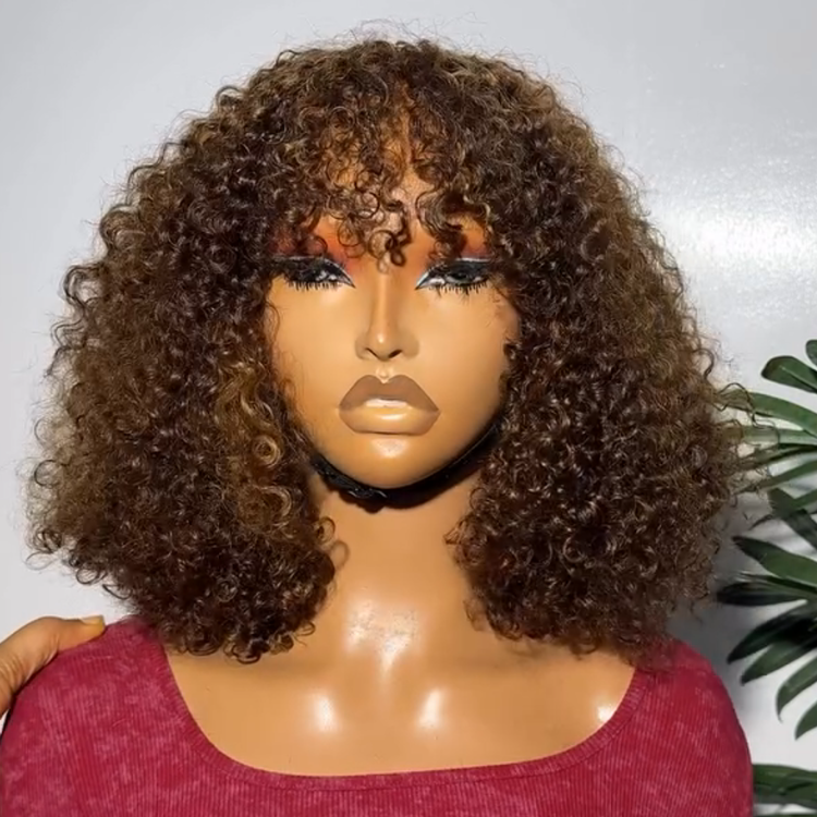 Ombre Dark Brown Highlights Kinky Curly Human Hair Wig with Bangs Voluminous Afro Coily Short Bob Wig - Rafarada