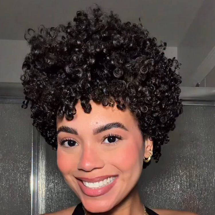 Short Bouncy Kinky Curly Human Hair Wig - Glossy Jet Black Afro Curly Glueless Lace Wig with Defined Coils- Rafarada