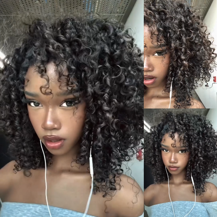 Black Kinky Curly Human Hair Wig with Bangs - Voluminous Glueless Coily Lace Wig - Rafarada