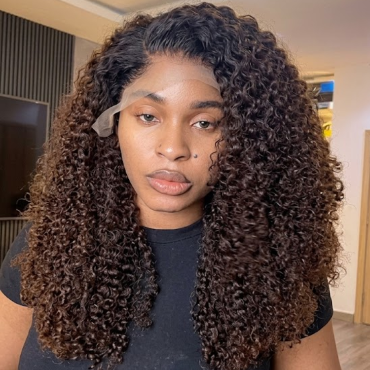 Natural Black to Dark Chocolate Ombre Kinky Curly Lace Front Wig - Full Voluminous Long Jerry Curl Human Hair Wig- Rafarada