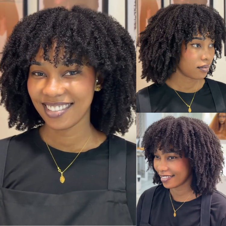 Natural Black 4C Edges Kinky Curly HD Transparent Lace Frontal Wig with Bangs - High Volume 100% Human Hair Wig for Women - Rafarada