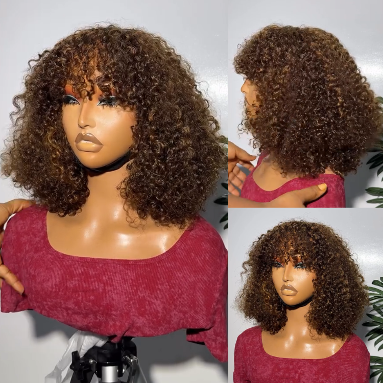 Ombre Dark Brown Highlights Kinky Curly Human Hair Wig with Bangs Voluminous Afro Coily Short Bob Wig - Rafarada