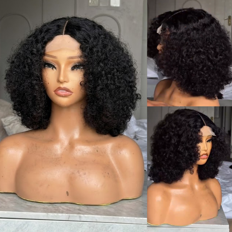 Natural Black Kinky Curly Lace Front Wig - Glueless Short Voluminous Bob Human Hair Wig - Rafarada