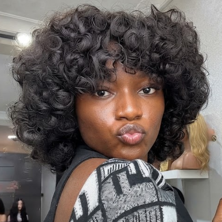 Natural Black Kinky Curly Bob Human Hair Wig With Bangs - Voluminous Tight Coils- Rafarada