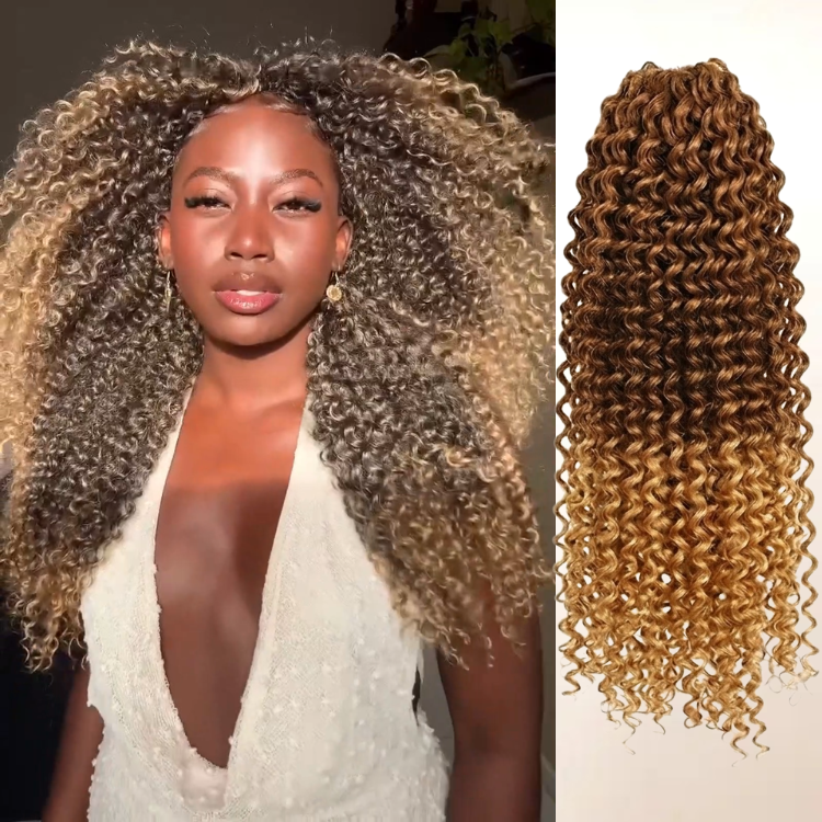 Ombre Brown to Honey Blonde Highlight Kinky Curly Crochet Human Hair Extensions- Rafarada