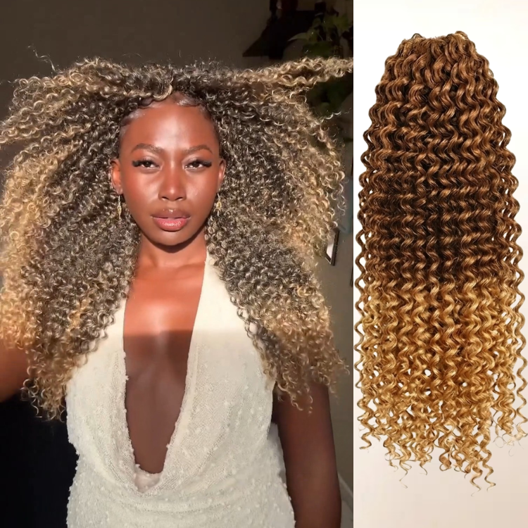 Ombre Brown to Honey Blonde Highlight Kinky Curly Crochet Human Hair Extensions- Rafarada