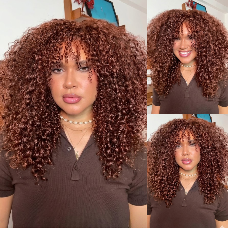 Auburn Ombre Kinky Curly Human Hair Wig with Bangs, High Density Water Wave Hair for Women- Rafarada