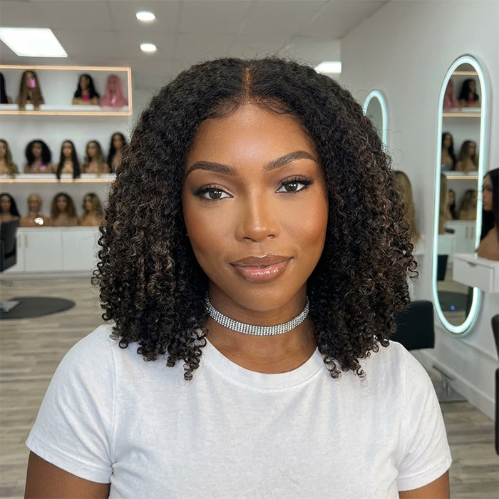 Kinky Curly Mixed Spiral Curls Glueless Human Hair Lace Front Wig Natural Black With Highlight Color 4C Edges Hairline- Rafarada