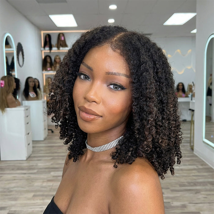 Kinky Curly Mixed Spiral Curls Glueless Human Hair Lace Front Wig Natural Black With Highlight Color 4C Edges Hairline- Rafarada
