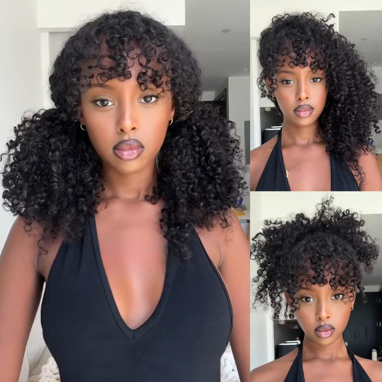 Natural Kinky Curly Human Hair Wig with Bangs - High Volume & Fluffy Texture- Rafarada