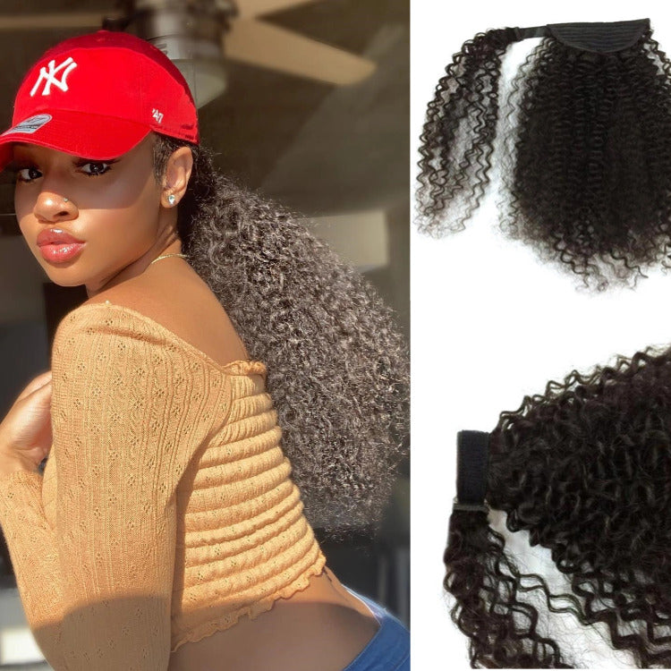 Kinky Curly Ponytail With Clip In 100% Human Hair Wrap-around Magic Velcro Ponytail Extension  - Rafarada