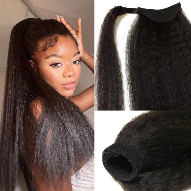 Kinky Straight Ponytail With Clip In Wrap-around Magic Velcro Human Hair - Rafarada