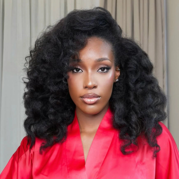 Kinky Straight Bouncy Curl Lace Front Wig Natural Human Hair Glueless Wigs - Rafarada