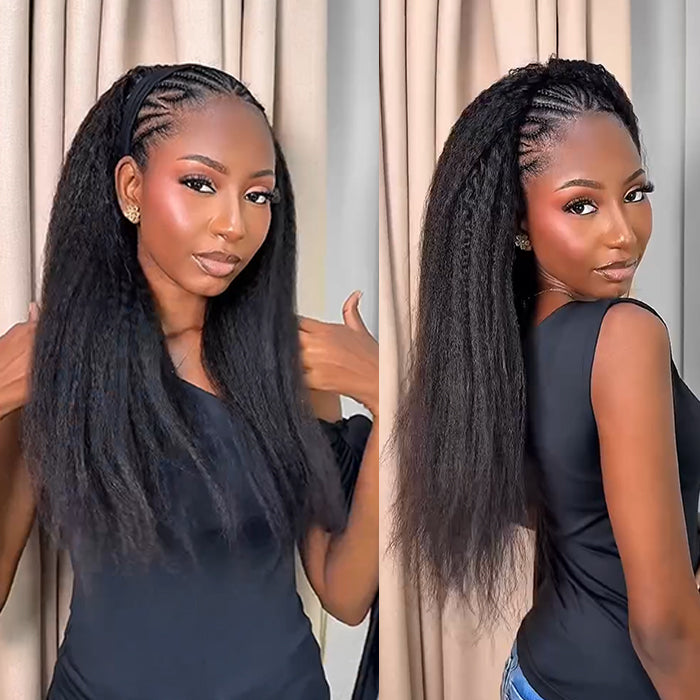 Natural Black Color Kinky Straight Headband Wig Human Hair Glueless None Lace Front Wigs - Rafarada）