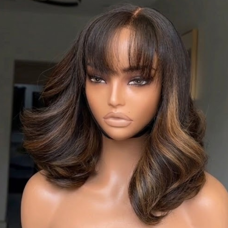 Voluminous Chocolate Brown Wavy Wig with Golden Highlights and Wispy Bangs | Pre-plucked HD Lace Layered Human Hair - Rafarada
