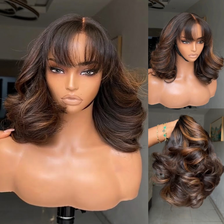 Voluminous Chocolate Brown Wavy Wig with Golden Highlights and Wispy Bangs | Pre-plucked HD Lace Layered Human Hair - Rafarada