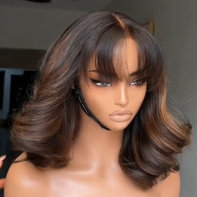 Voluminous Chocolate Brown Wavy Wig with Golden Highlights and Wispy Bangs | Pre-plucked HD Lace Layered Human Hair - Rafarada
