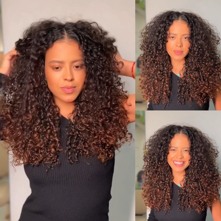Dark Brown to Caramel Ombre Kinky Curly Lace Front Human Hair Wig | Honey Highlights Balayage Wig for Women | Soft, Voluminous Curls - Rafarada