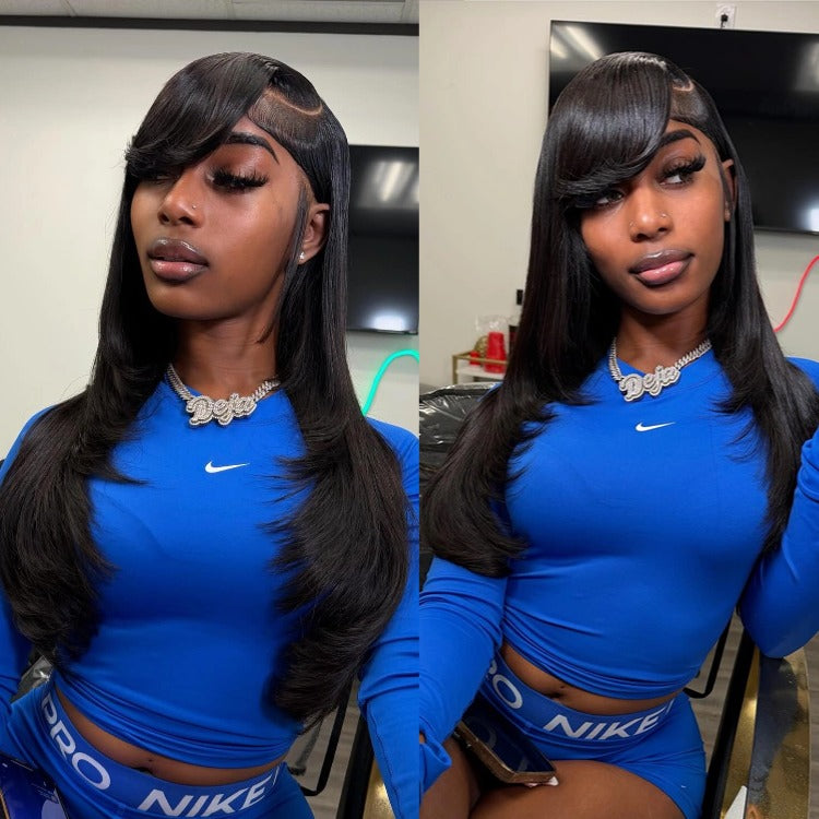 Human Hair Side Part Layered Straight with Bangs HD Lace Wigs- Rafarada