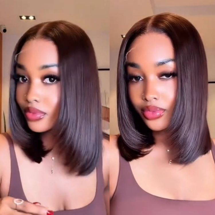 Rich Deep Chocolate Brown Sleek Layered Bob Human Hair Lace Front Wig with Precise Inward Curl Ends- Rafarada