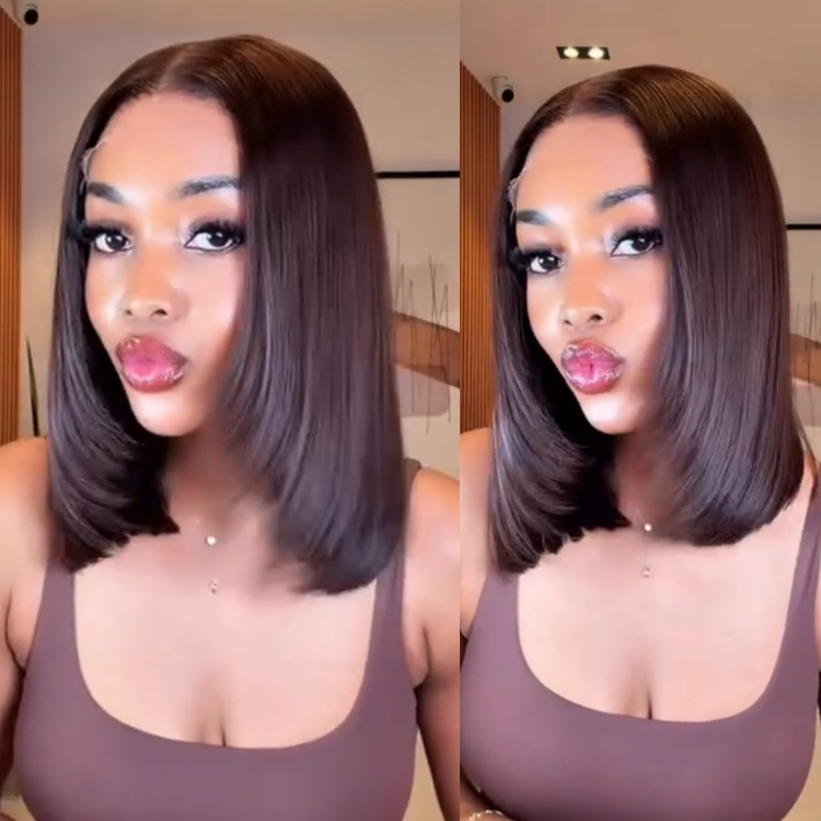 Rich Deep Chocolate Brown Sleek Layered Bob Human Hair Lace Front Wig with Precise Inward Curl Ends- Rafarada