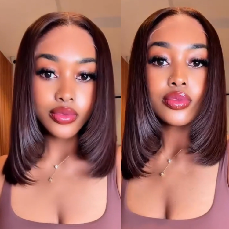 Rich Deep Chocolate Brown Sleek Layered Bob Human Hair Lace Front Wig with Precise Inward Curl Ends- Rafarada