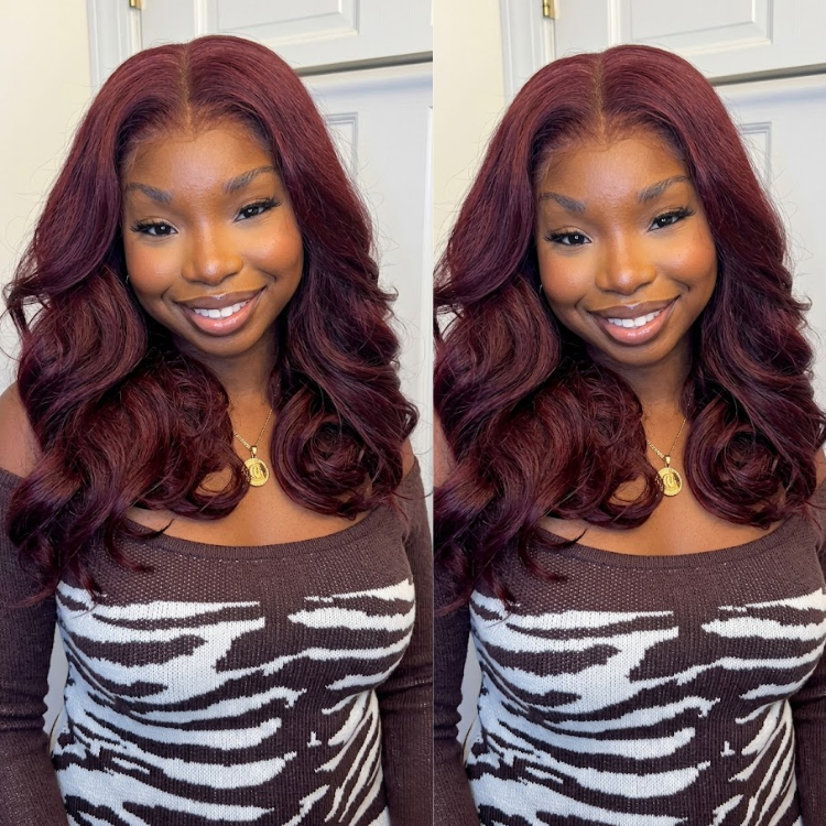 Deep Burgundy Layered Body Wave Wig - 99J Wine Red Glueless Human Hair Lace Front Wig with Pre-Plucked Natural Hairline- Rafarada