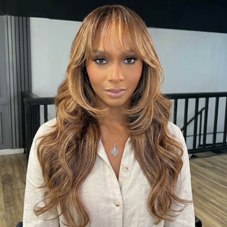 Glueless Honey Blonde Highlighted Brown Layered Body Wave Lace Front Wig with Bangs - High Density HD Transparent Lace Human Hair Wig- Rafarada