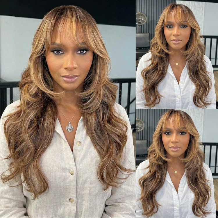 Glueless Honey Blonde Highlighted Brown Layered Body Wave Lace Front Wig with Bangs - High Density HD Transparent Lace Human Hair Wig- Rafarada