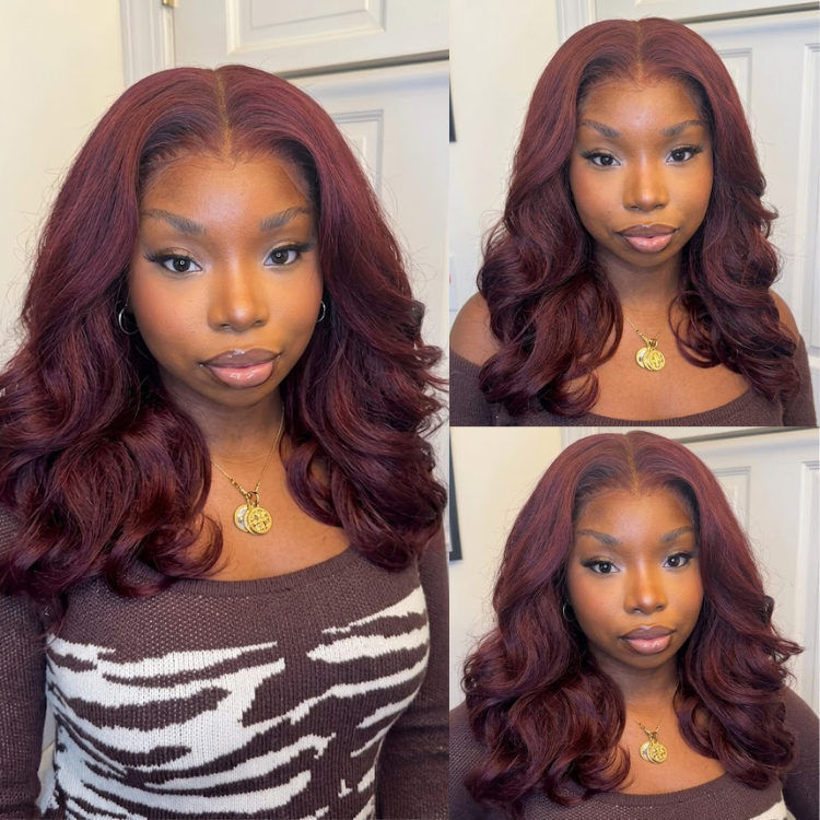 Deep Burgundy Layered Body Wave Wig - 99J Wine Red Glueless Human Hair Lace Front Wig with Pre-Plucked Natural Hairline- Rafarada