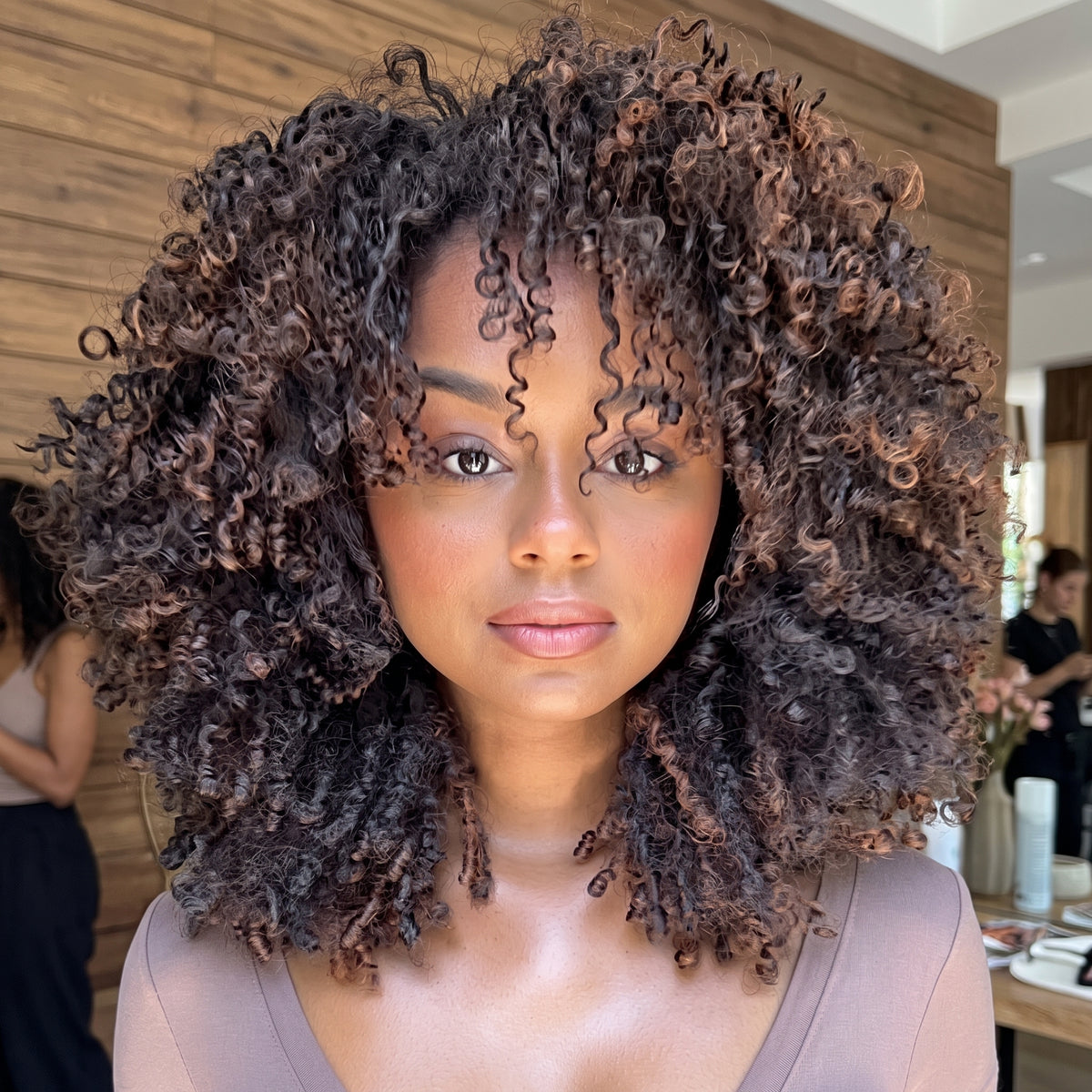Chocolate Brown Highlighted Afro Curly Wig Layered Coily Curly Hair Wig With Bangs - Rafarada