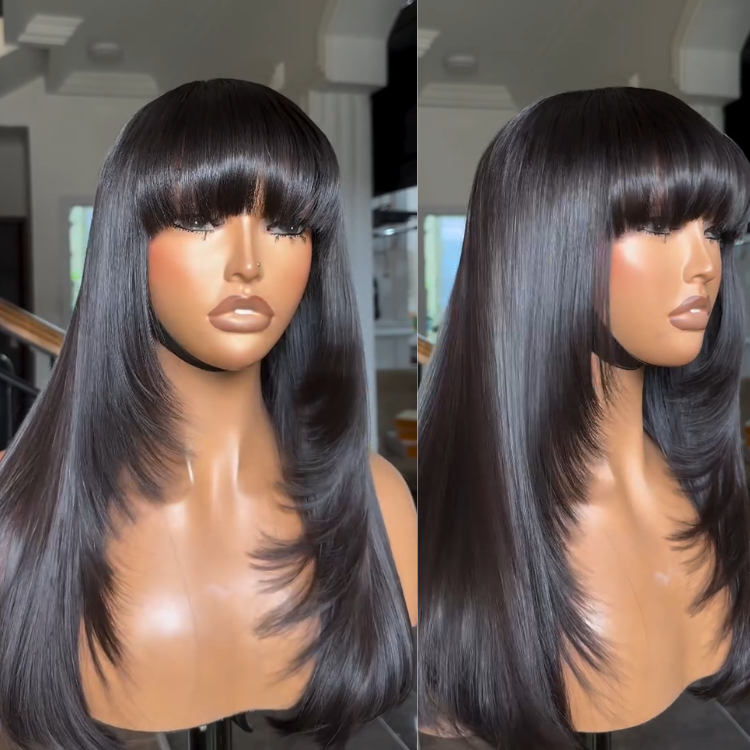 Sleek Jet Black Silk Straight Wig with Full Blunt Bangs - Pre-Plucked Multi-Layer Human Hair Lace Frontal Wig for Women- Rafarada