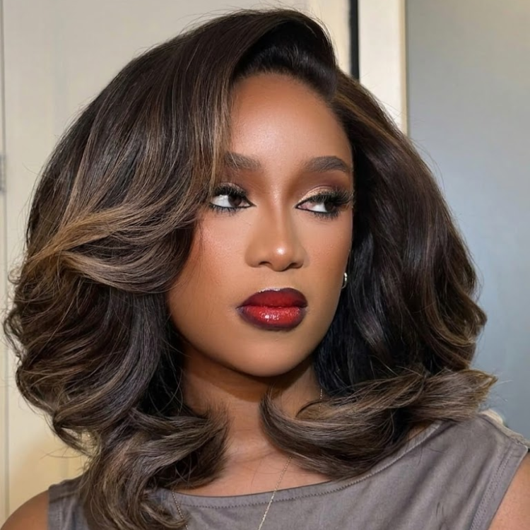 Layered Highlight Dark Brown Wavy Bob HD Lace Front Wig - Pre-Plucked Natural Hairline Glueless Human Hair - Rafarada