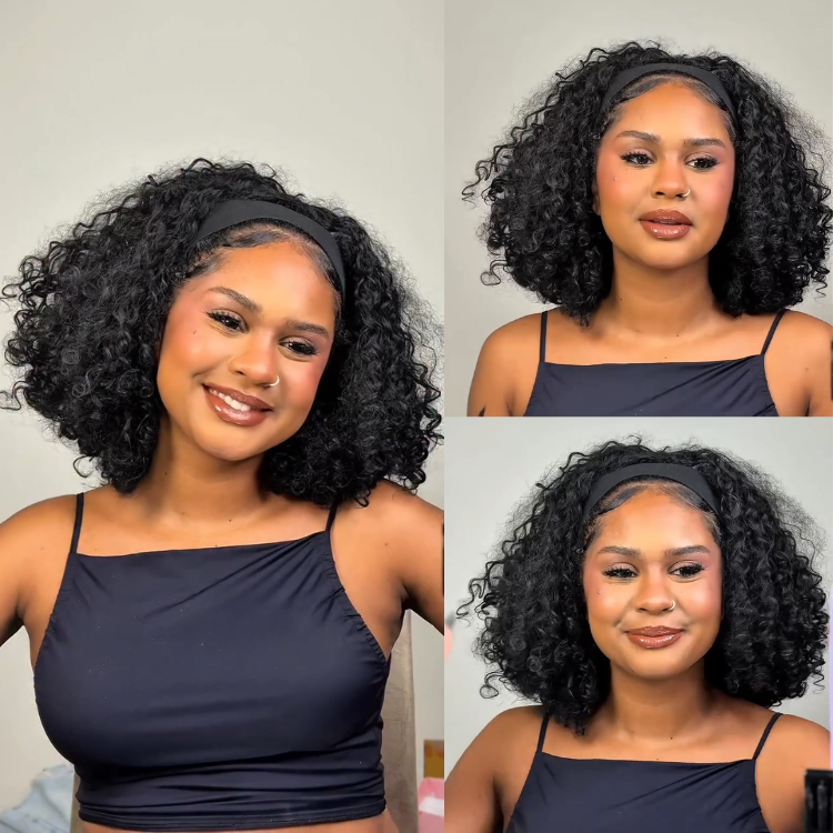 Voluminous Shoulder-Length Kinky Curly Headband Wig Human Hair Glueless HD Lace Front Wig Natural Black Full Curl Scarf Wig- Rafarada