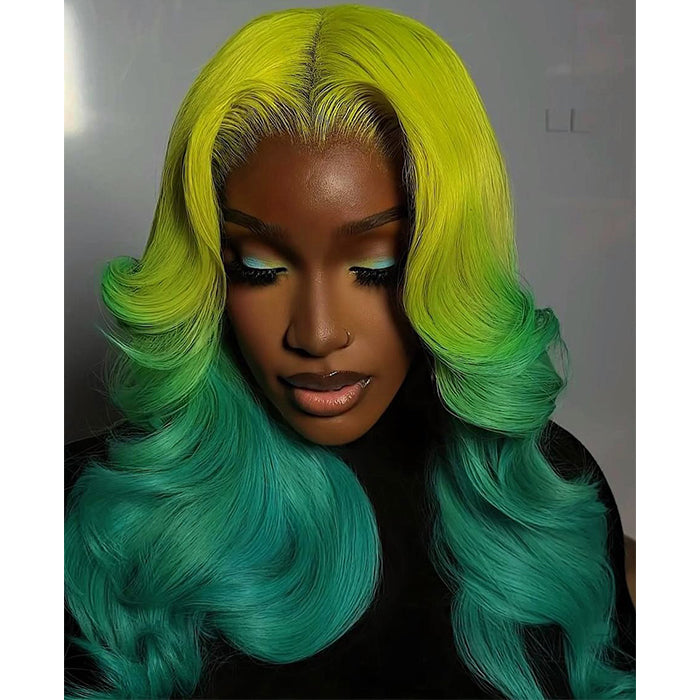 Glueless Lime Green to Emerald Ombre Body Wave Wig Two-Tone Colorful Wave Lace Front Wig - Rafarada