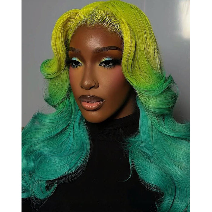 Glueless Lime Green to Emerald Ombre Body Wave Wig Two-Tone Colorful Wave Lace Front Wig - Rafarada