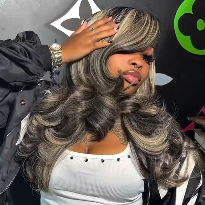 Ash Blonde Piano Highlight Body Wave Wig Long Layered Wave Wig With Side Swept Bangs Human Hair Wig - Rafarada