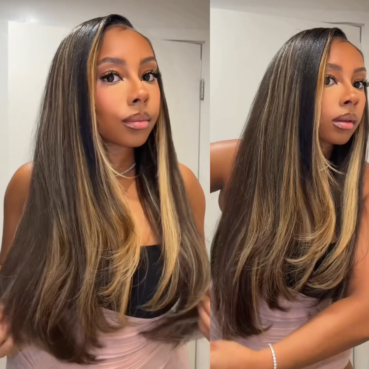 Glueless Piano Blonde Highlight Long Straight Wig C-Curve Layered Ends Wear and Go Ready to Wear- Rafarada