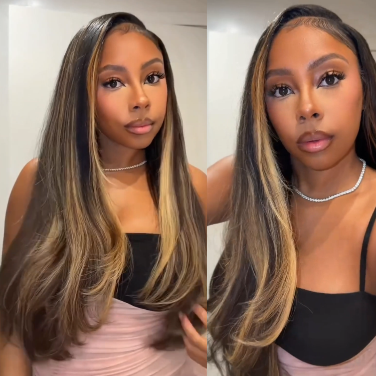Glueless Piano Blonde Highlight Long Straight Wig C-Curve Layered Ends Wear and Go Ready to Wear- Rafarada
