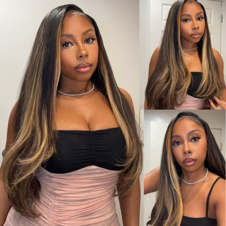Glueless Piano Blonde Highlight Long Straight Wig C-Curve Layered Ends Wear and Go Ready to Wear- Rafarada