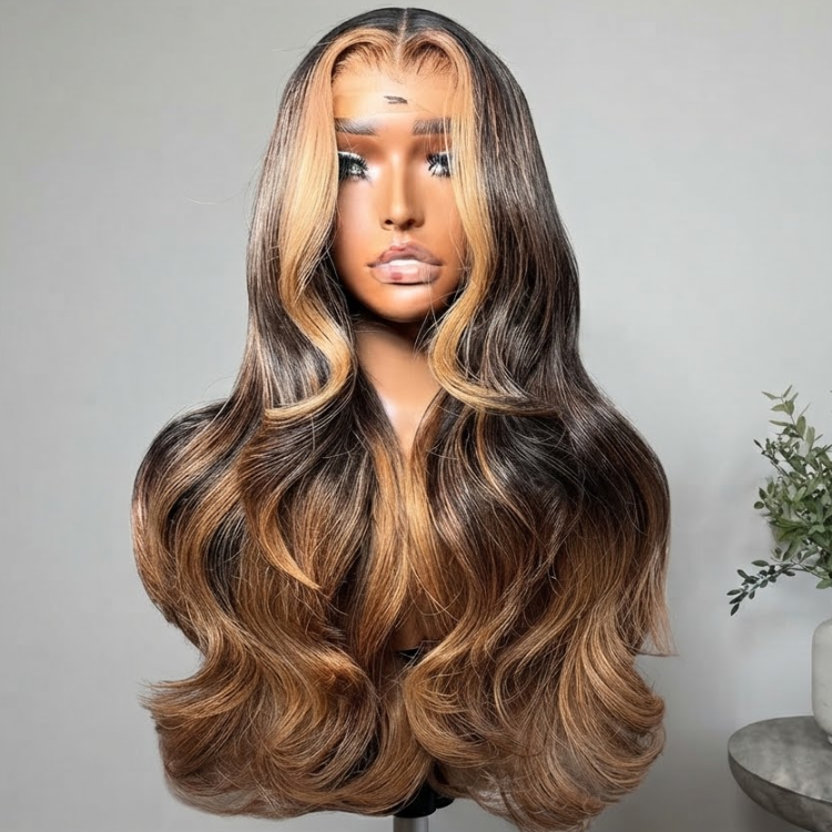 Glueless Ombre Honey Blonde and Brown Loose Body Wave Lace Front Wig - High Density HD Transparent Lace Human Hair Wig- Rafarada