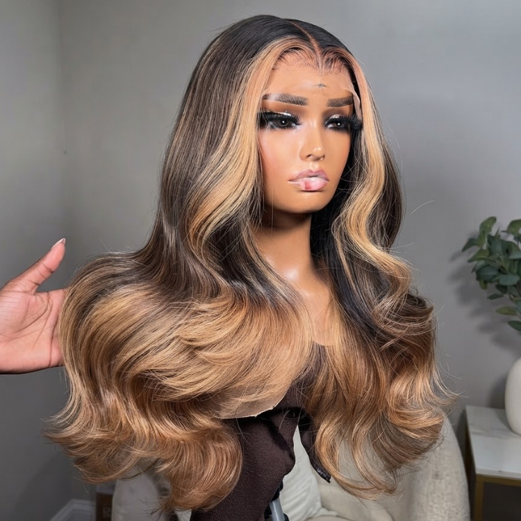 Glueless Ombre Honey Blonde and Brown Loose Body Wave Lace Front Wig - High Density HD Transparent Lace Human Hair Wig- Rafarada
