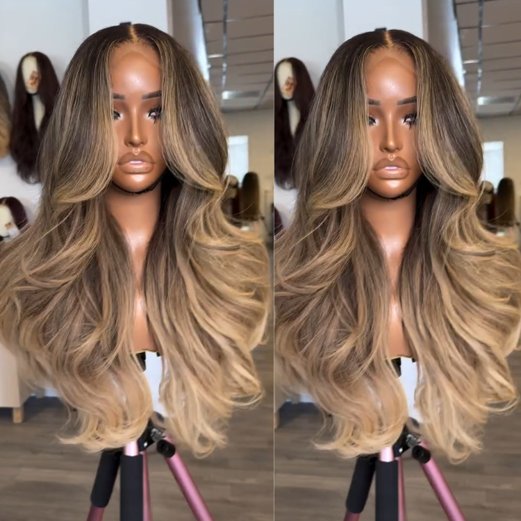 Honey Blonde Balayage & Ombre Full Lace Wig - Dark Roots with Sand Blonde Glueless Human Hair in Seamless Body Wave- Rafarada