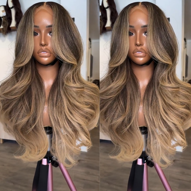Honey Blonde Balayage & Ombre Full Lace Wig - Dark Roots with Sand Blonde Glueless Human Hair in Seamless Body Wave- Rafarada