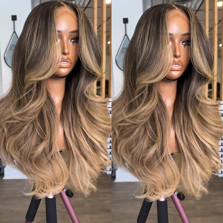 Honey Blonde Balayage & Ombre Full Lace Wig - Dark Roots with Sand Blonde Glueless Human Hair in Seamless Body Wave- Rafarada