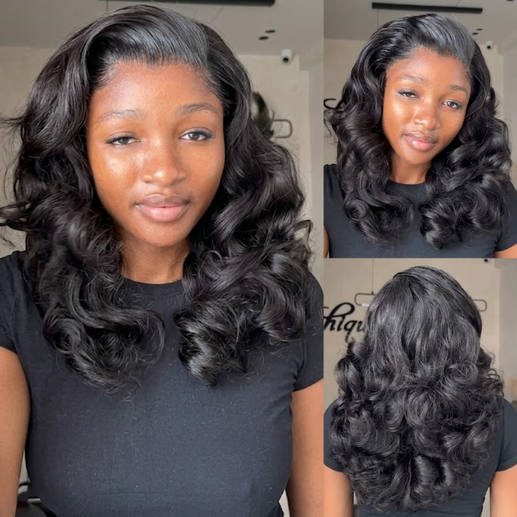 Natural Black Loose Wave Lace Front Wig - Glueless Voluminous Layered Bouncy Curls Human Hair Wig- Rafarada